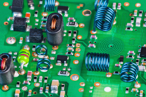 Detailed image of a green circuit board with a variety of colorful components and connections on the board. 